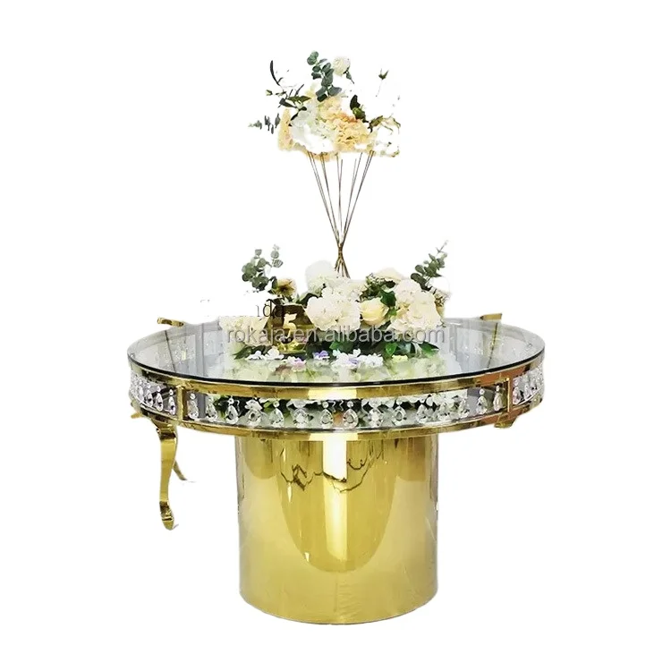Luxury gold stainless steel restaurant event round dining table glass top crystal wedding table commercial furniture
