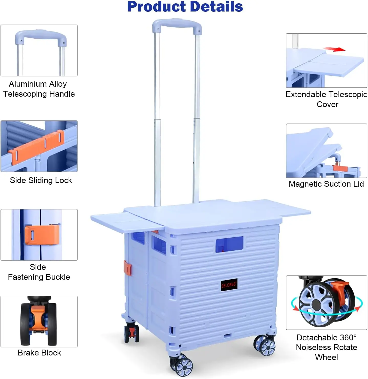 

SELORSS Foldable Utility Cart Folding Portable Rolling Crate Handcart Heavy Duty Telescoping Handle Collapsible 4 Rotate Wheels