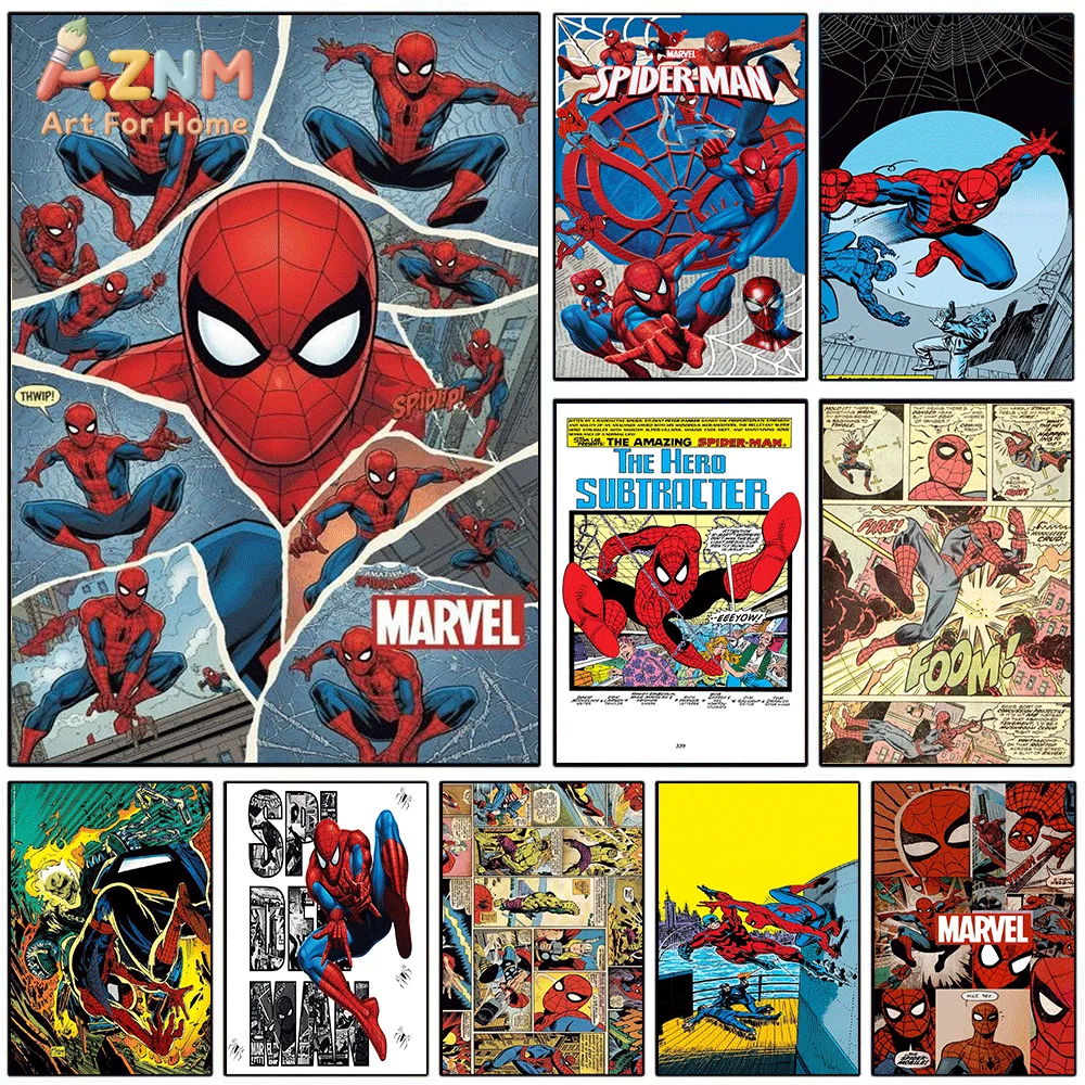 AZNM Spiderman Multi‑Pose Web Cracked Panel Canvas Wall Print, Superhero Multiple Dynamic Poses Comic Collage Graphic Art Post