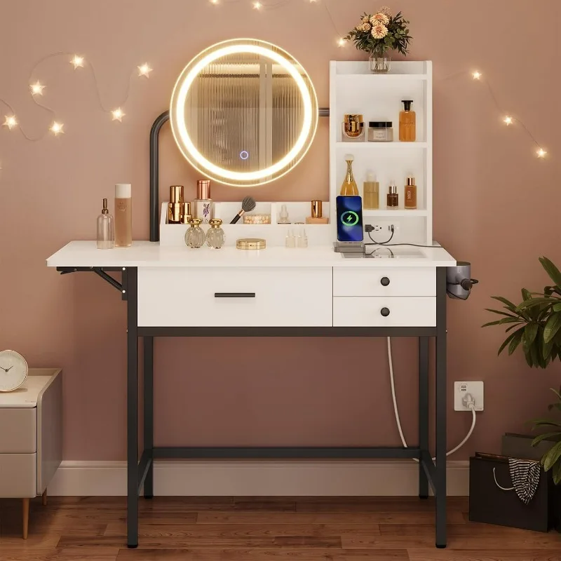 

Vanity with Lights, Makeup Vanity with Charging Station, Small Vanity Table with Folding Countertop & Glass Top, White