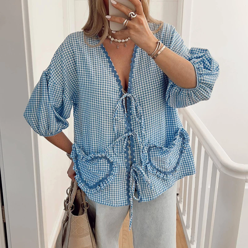 

Elegant Plaid Bow Lace Up 3/4 Length Sleeve Womens Tops Casual Love Pocket V-neck Female Shirts 2024 Ladies Blouses Fashion Tops