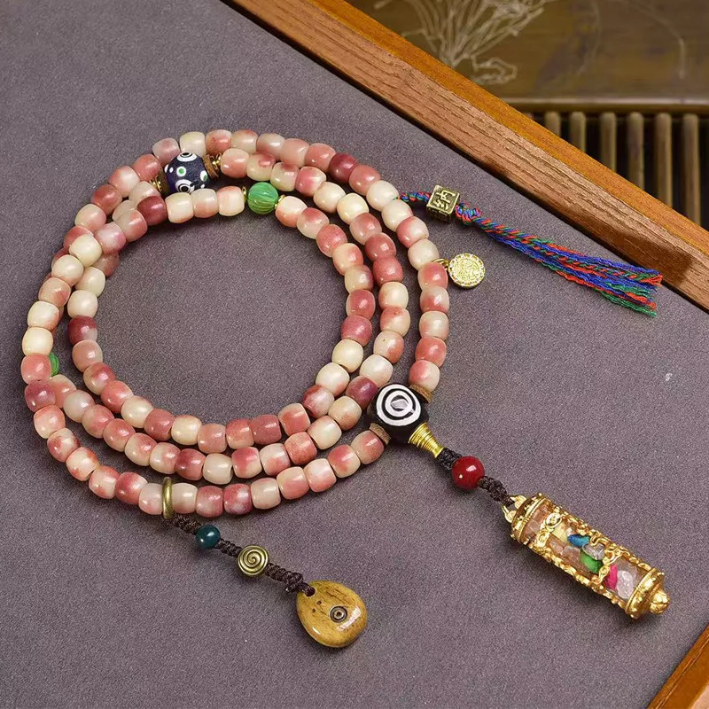 Natural semi-blood camel barrel , 108 Buddhist beads, collectible items, glazed agate, yak bone, Gahu box pendant acce