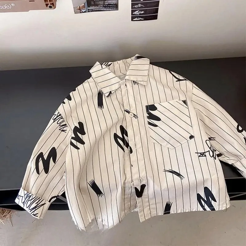 

Handsome Children's Spring Striped Graffiti Long Sleeved Shirt Boys' Spring and Autumn Thin Style Lapel Shirt Trendy Top