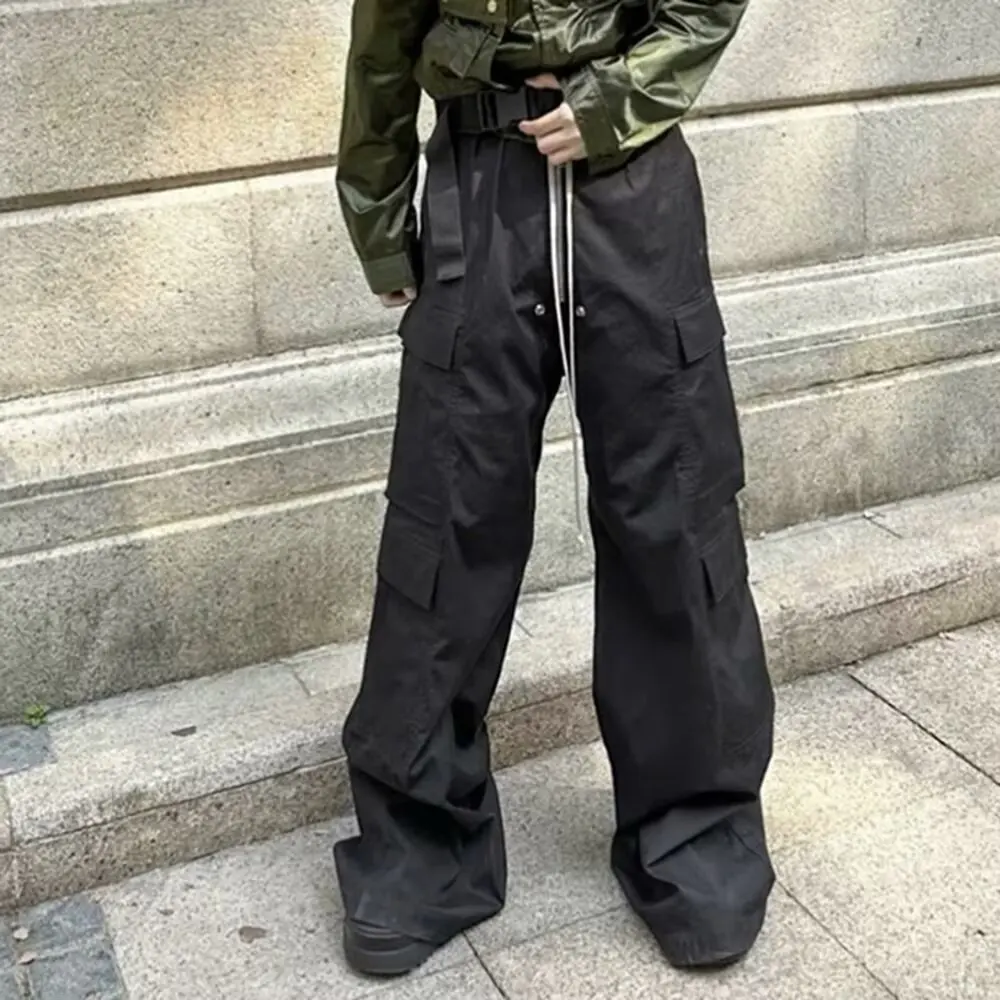 Men Multi Pocket Cargo Trousers Black Wide Leg Loose Utility Workwear Pants Casual Streetwear Fashion Bottoms