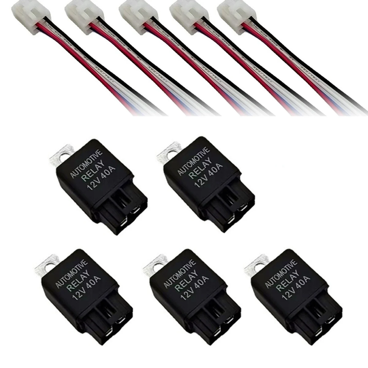 5Pcs 40AMP 12V DC Car A/C Relay Headlight Relay Fan Relay and Harness 14 AWG Wires 4PIN Automotive Relay