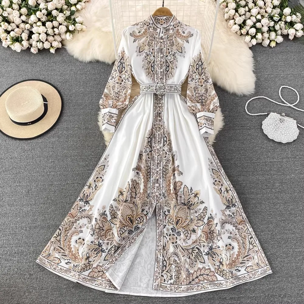 Vestido Maxi Negro con Estampado Paisley para Mujer, Elegante Vestido de Noche con Cinturón y Manga Larga con Botones al Frente, para Fiesta Formal o Invitada de Boda