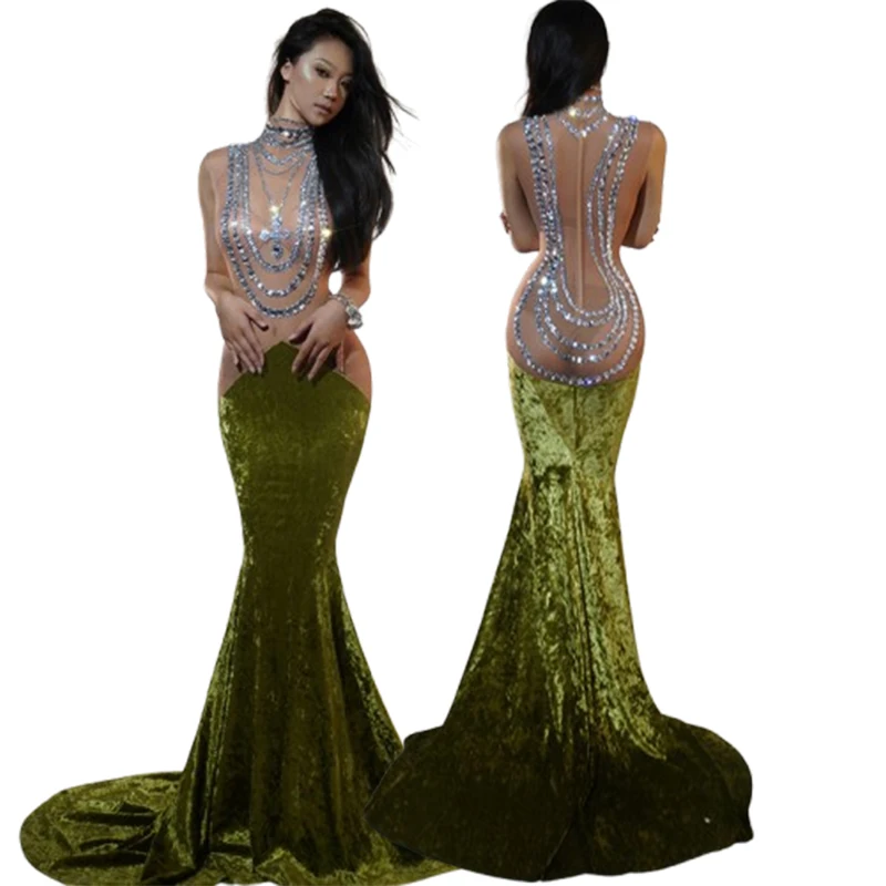 

green waist pinch thin velvet fishtail skirt company annual meeting award ceremony evening dress birthday light luxury dress