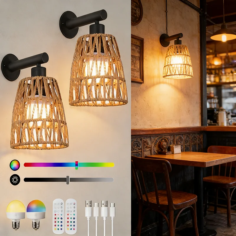 Boho Batteriebetriebene Rattan-Wandleuchte Fernbedienung RGB 15 Farben Dimmbar Wiederaufladbare Wandleuchte Schwarz Kabellose Innen-Wandlampen