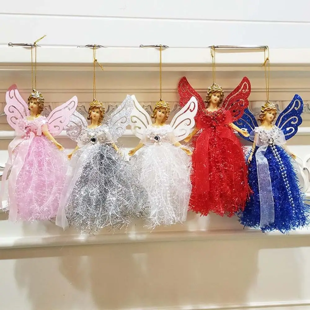 Glitter Christmas Angel Pendant Gorgeous Dress Plastic Christmas Tree Topper Ornament with Shining Wings Hanging Angel Doll