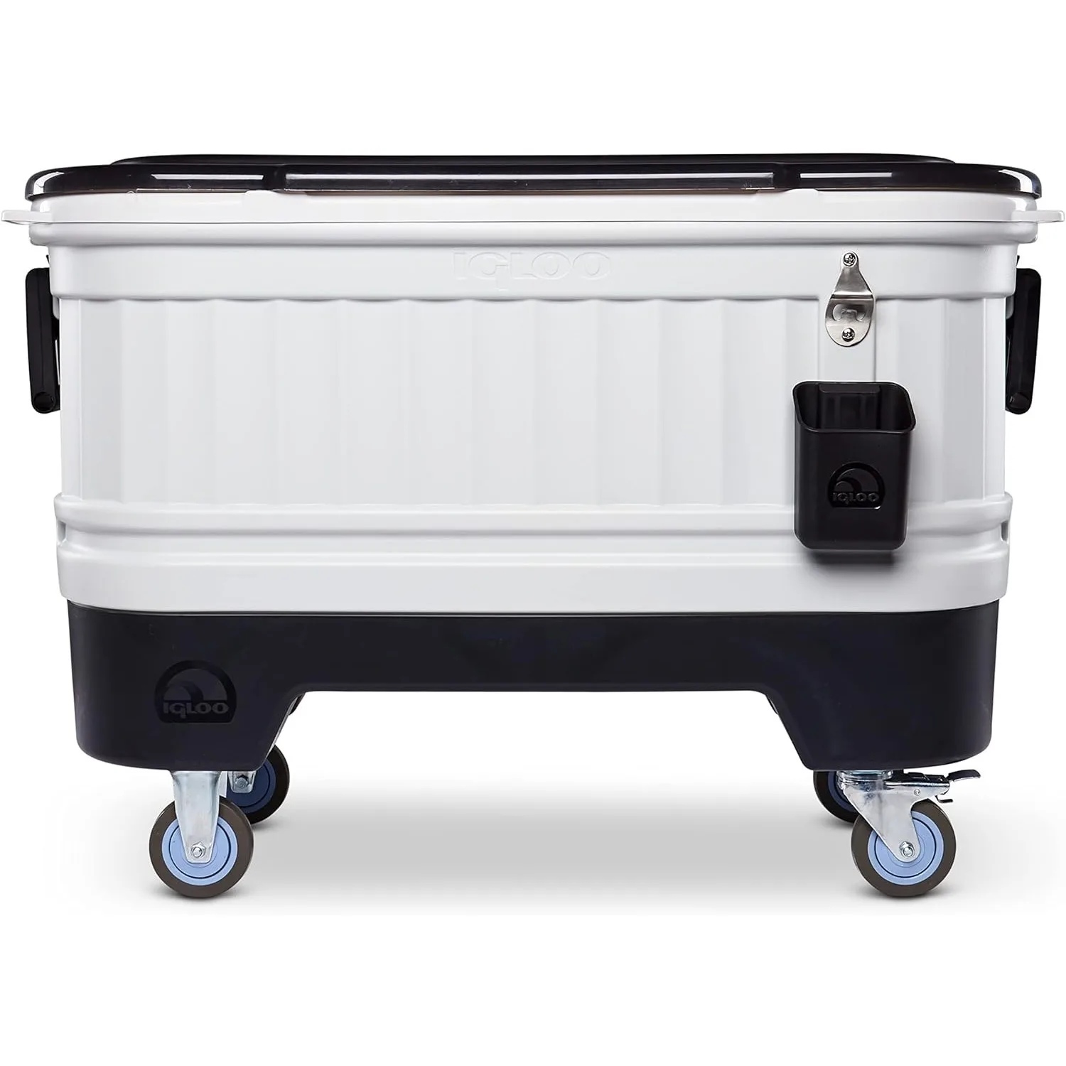 

Party Bar Rolling Cooler with Bottle Opener and Catch Bins,21.8"D x 39.1"W x 26.9"H,Removable Lid,Heavy-Duty Locking Casters