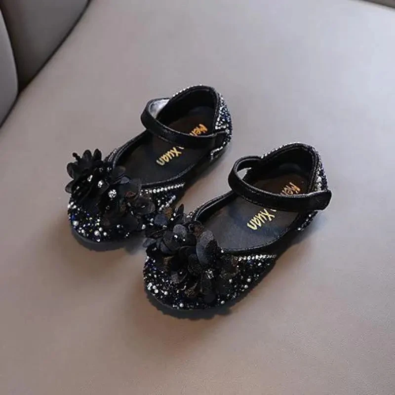 Girls\' Rhinestone Shoes 2024 New Children\'s Princess Shoes Soft Flower Kids Pearl Party Performance Shoes Sequin Show J192