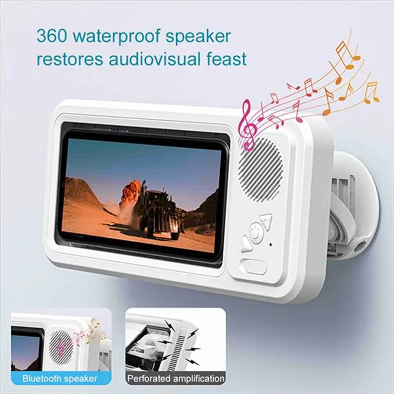 

gift-Shower Phone Holder with Bluetooth Speaker IPX4 Waterproof Anti-Fog Touch Screen Wall Mount for Shower Bathroom