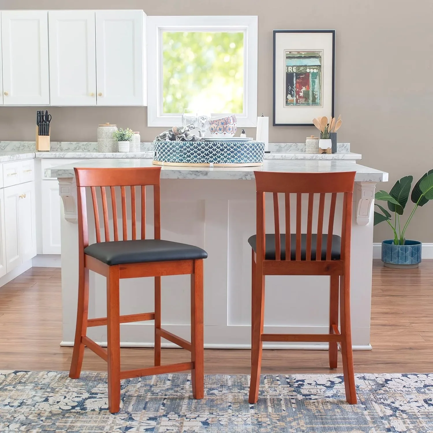 Sgabello da bar moderno in legno di ciliegio rosso, sgabello da cucina con sedile in vinile, sgabello da pranzo 37 ore per bar di casa, caffetteria