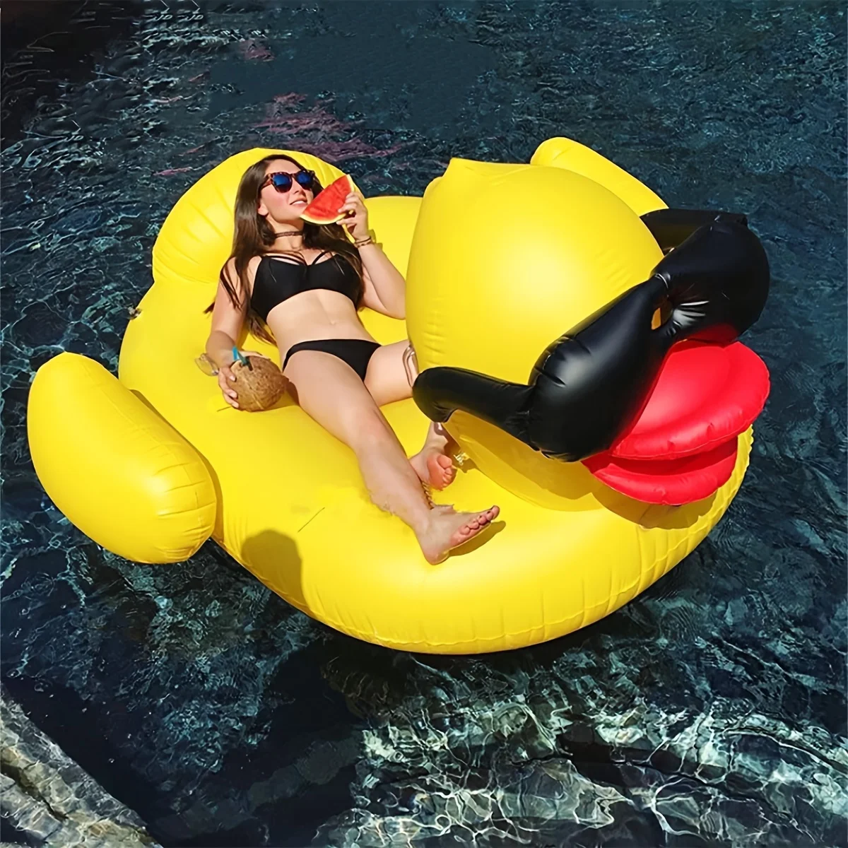 1pc Big Yellow Duck Floating Raft, PVC Inflatable Water Toy With Two Beverage Holders，party，family，pool