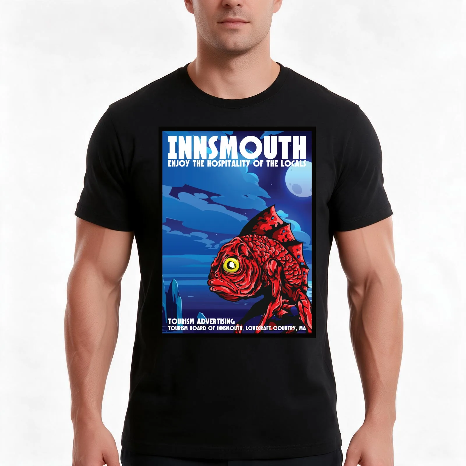 Innsmouth Vintage Travel Poster Lovecraft T-Shirt, Summer Casual Cotton Tee, Oversized Streetwear Tops, Vintage Graphic Print