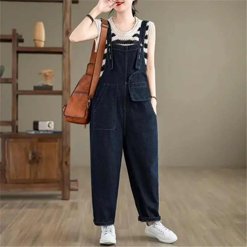 

Denim Overalls Women Summer Loose Pocket Wide Leg Jumpsuits Casual Korean Style All Match Strap Bloomers Solid Color Mom Jeans