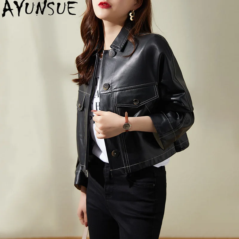 AYUNSUE Real Leather Jackets for Woman Solid Short Motorcycle Style Jacket Woman Sheepskin Coats Woman Clothes Spring Autumn