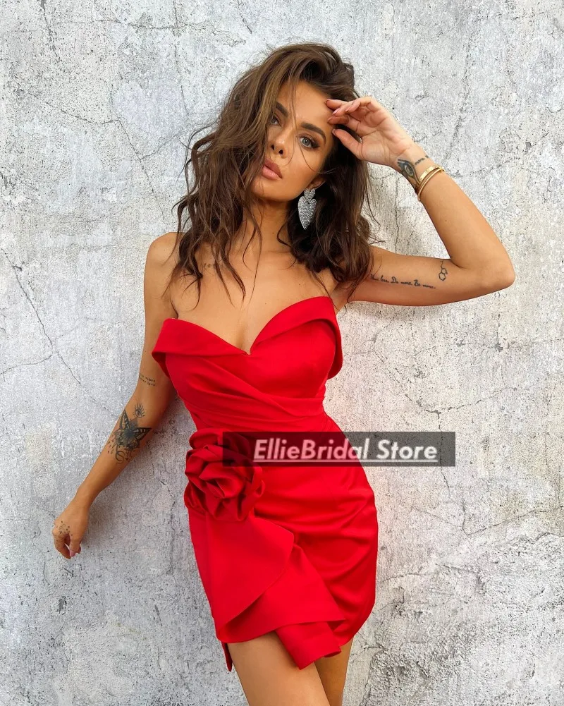 Красные коктейльные платья Милое плиссированное платье с цветами на день рождения Гала-женщина Сексуальный мини-наряд для вечеринки Vestidos de Festa по индивидуальному заказу