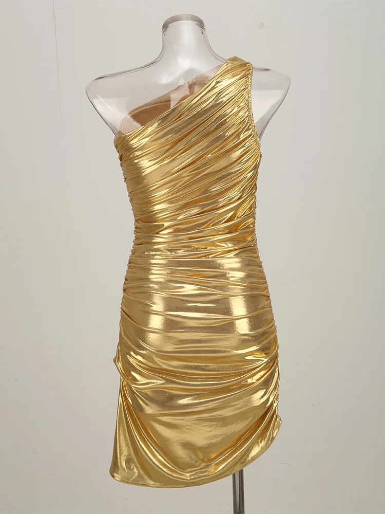 Gold Evening Dresses Luxury Women Clothes 2025 Autumn New Sleeveless Prom Dress Sexy Oblique Shoulder Gown Y2k Brithday Gowns