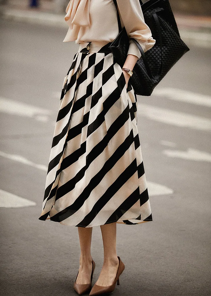 2023 Faldas De Mujer Vintage Striped Skirts Women High Waist Slim Vintage A-line Pleated Skirt Big Swing Korean Elegant Jupe