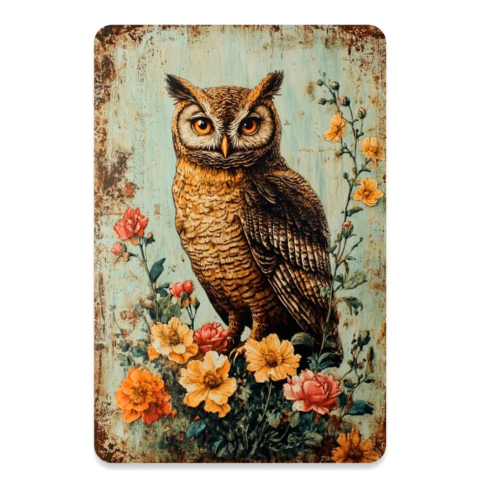 2027Vintage Owl & Floral Metal Sign | 8x12 Inch Teal Rustic Wall Art for Home, Cafe & Bar | Easy Hang Farmhouse Decor