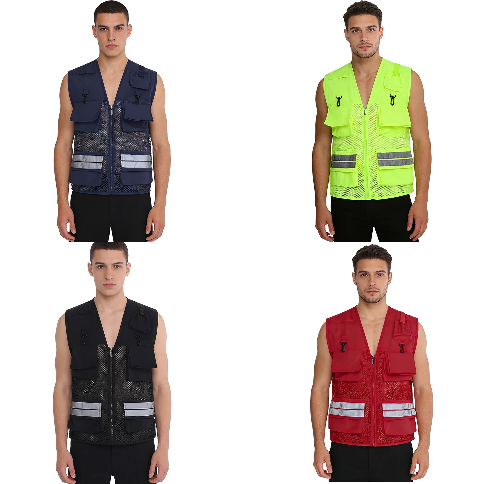 سترة عاكسة للبالغين من الجنسين بتصميم V-neck مع سحاب أمامي وجيوب متعددة، قميص شبكي مسامي بدون أكمام للصيد وركوب الدراجات ليلاً والورشات