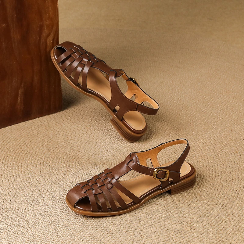 Handmade Genuine Leather Classic retro roman woman sandals 2.5cm low heels elegant Heeled Sandals sandalias de mujer