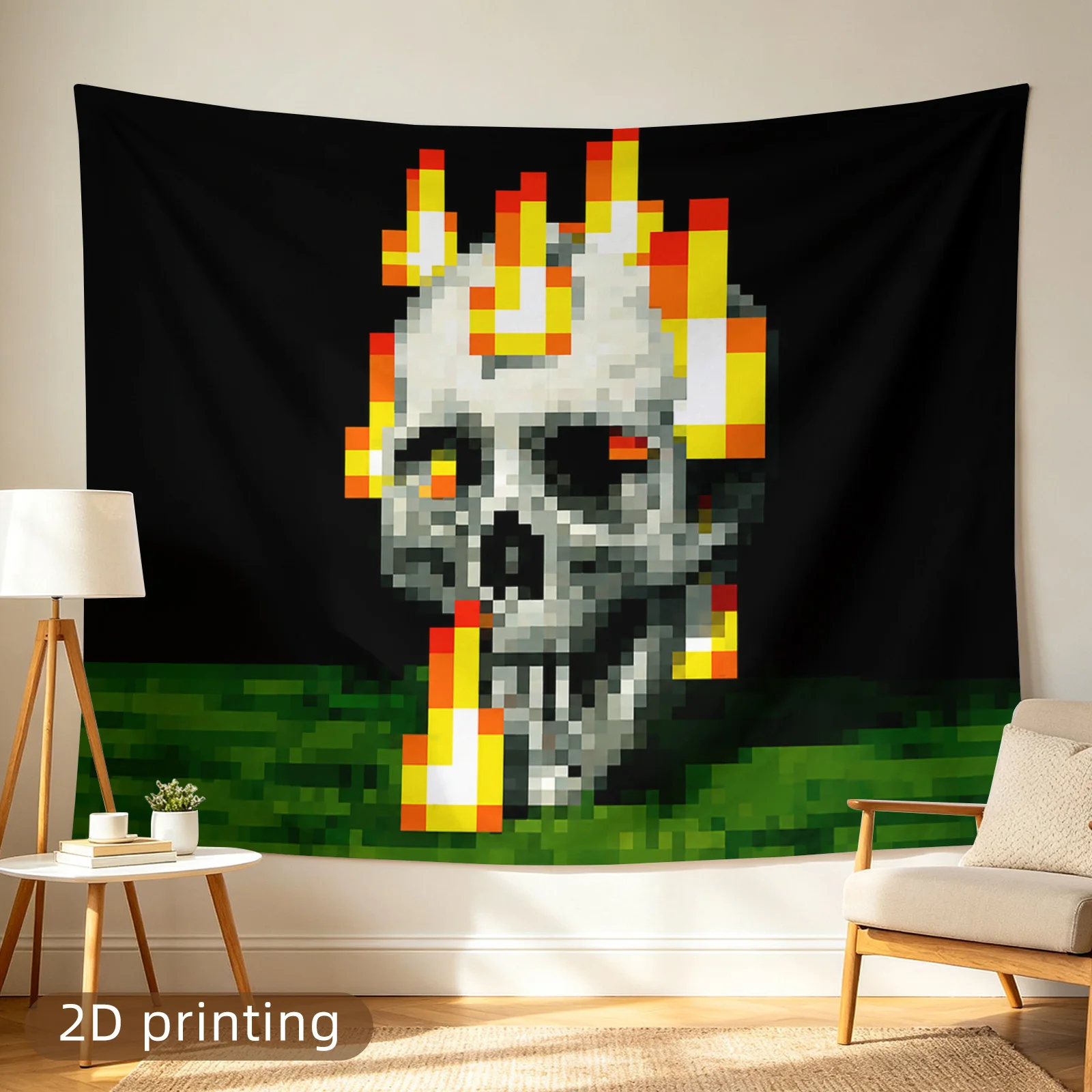 Pixelated Skeleton Head Art Tapestry Wall Hanging for Gaming Room, Man Cave, or Modern Pop Culture Decor