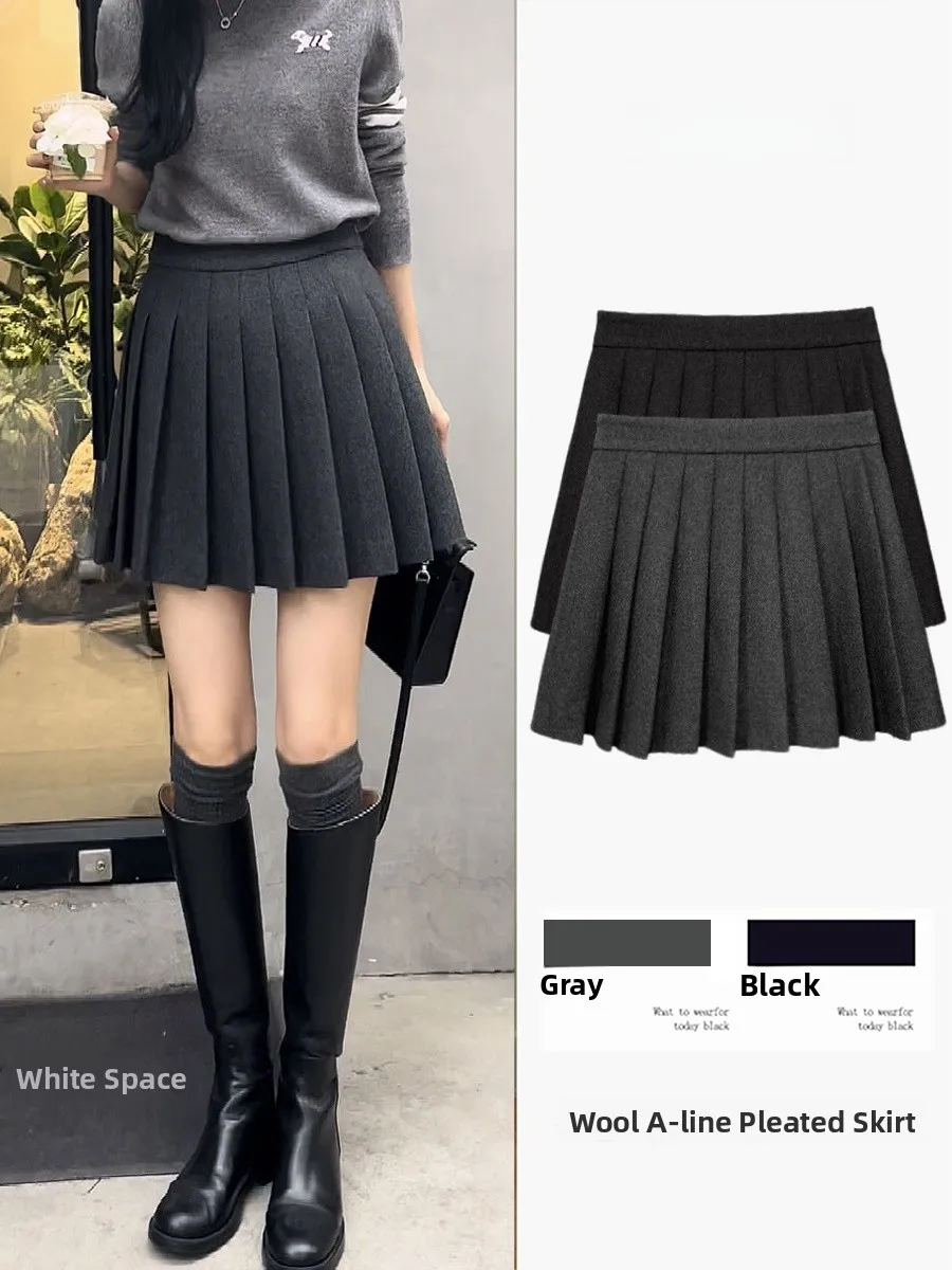 

Gray Pleated Skirt Women's Autumn Winter High Waist A-Line Skirt College Style Polyester Fiber Slimming Half-length Skirt