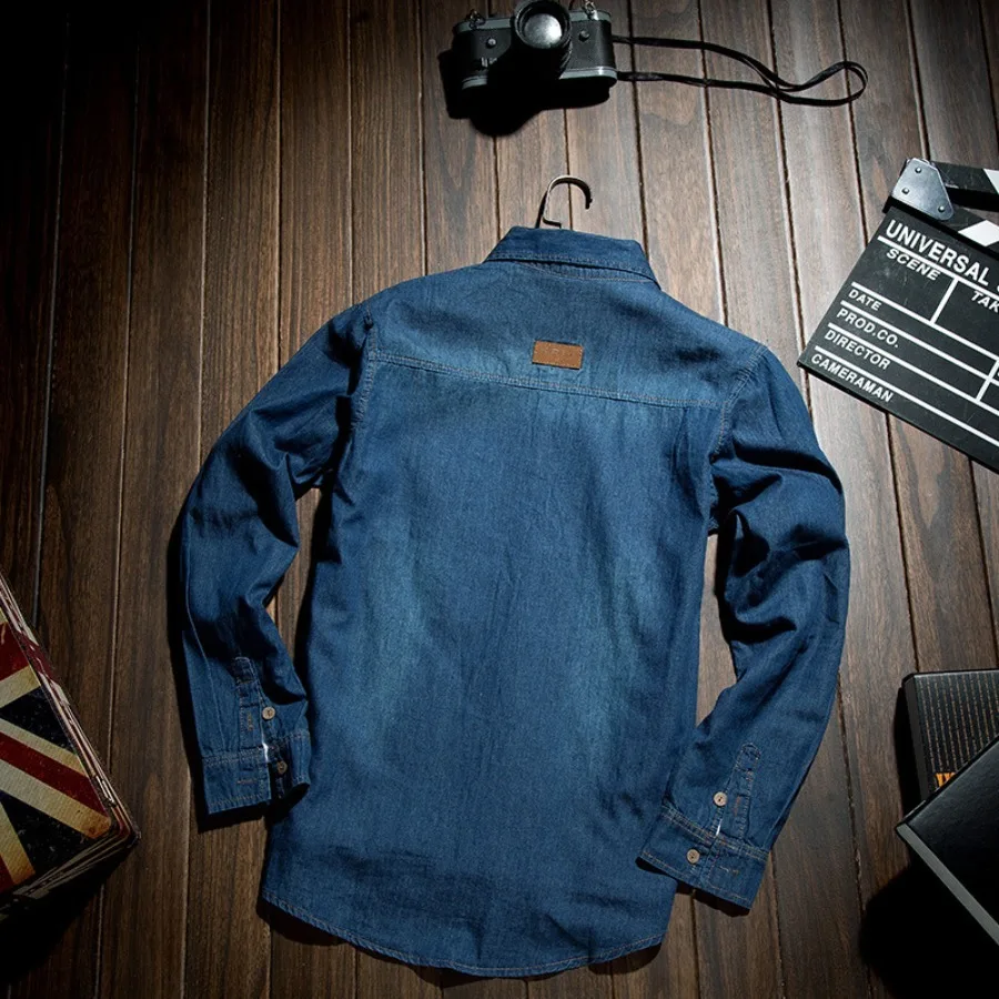 Fashion Classic Retro Jeans Shirt with Pocket Slim Fit Tops Men Clothing for Spring Men's Long Sleeve Denim Shirt Pure Cotton