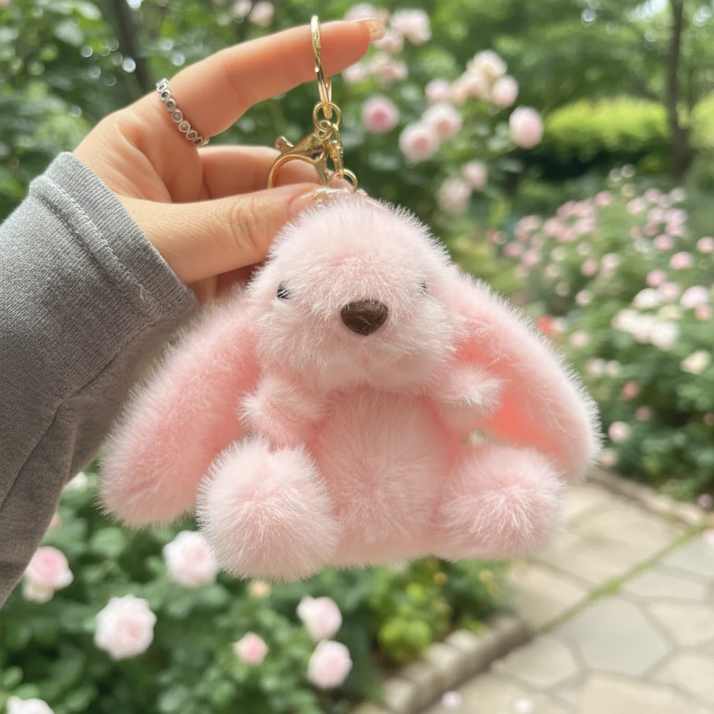Cute Fluffy Rabbit Plush Doll Keychain Small Pendant Solid Color Pink Stuffed Toys Car Key Ring for Boy Girl Brithday Gifts