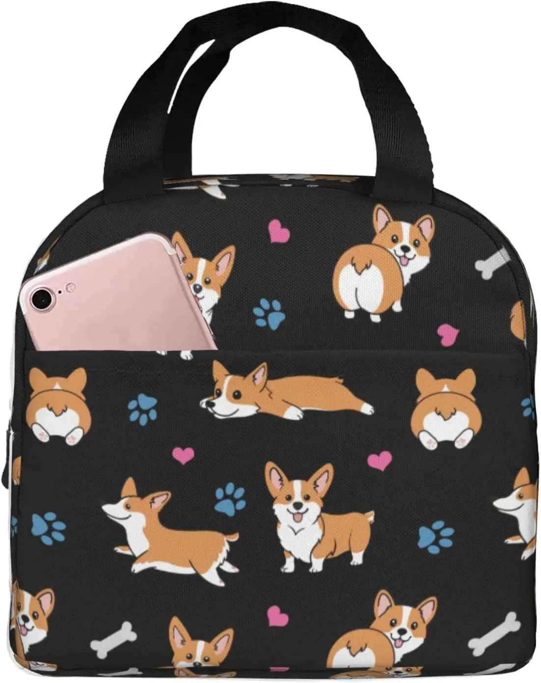 Corgis Paw Hearts Print Insulated Lunch Bag for Girls Kids Women Thermal School Picnic Box Washable Reusable Meal Pail Durable