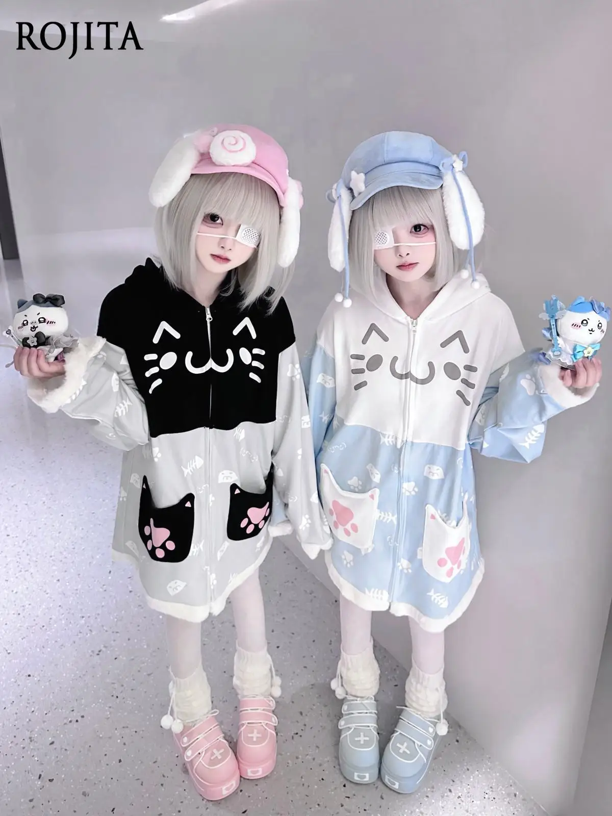 Kawaii Color Block Zip Up Hooded Jacket Cute Cat Face Print Cat Paw Fish Bone Loose Sweet Girl Outerwear Coat
