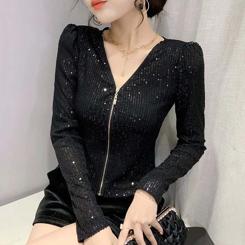 كارديجان نسائي أنيق بترتر وسحاب، سترة طويلة للخريف والشتاء، تصميم كوري ضيق بياقة على شكل V