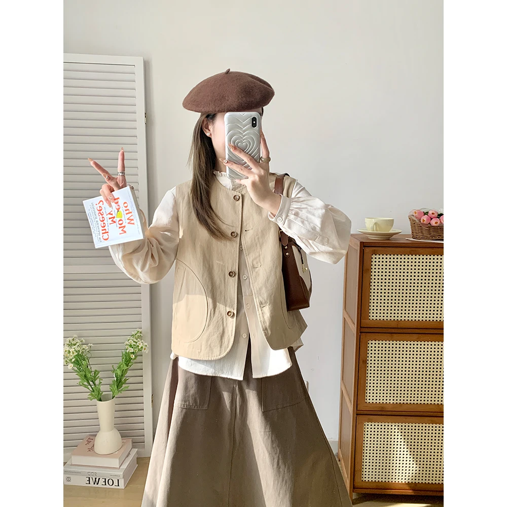 

Spring Summer UVPU Women's Khaki Vest 2024 round Ne Layering Top Pure Color Small Size Versatile Lightweight Jaet