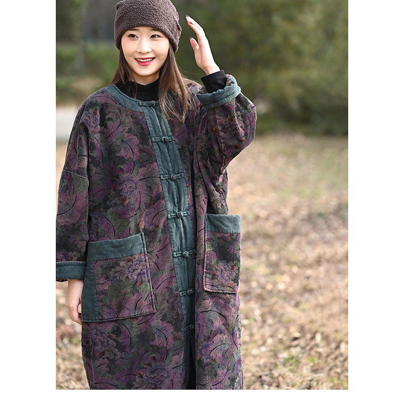 

2026 New Arrival Winter Women All-matched Floral Print Single Breasted Parkas Casual Loose Long Sleeves O-neck Cotton Coats J264