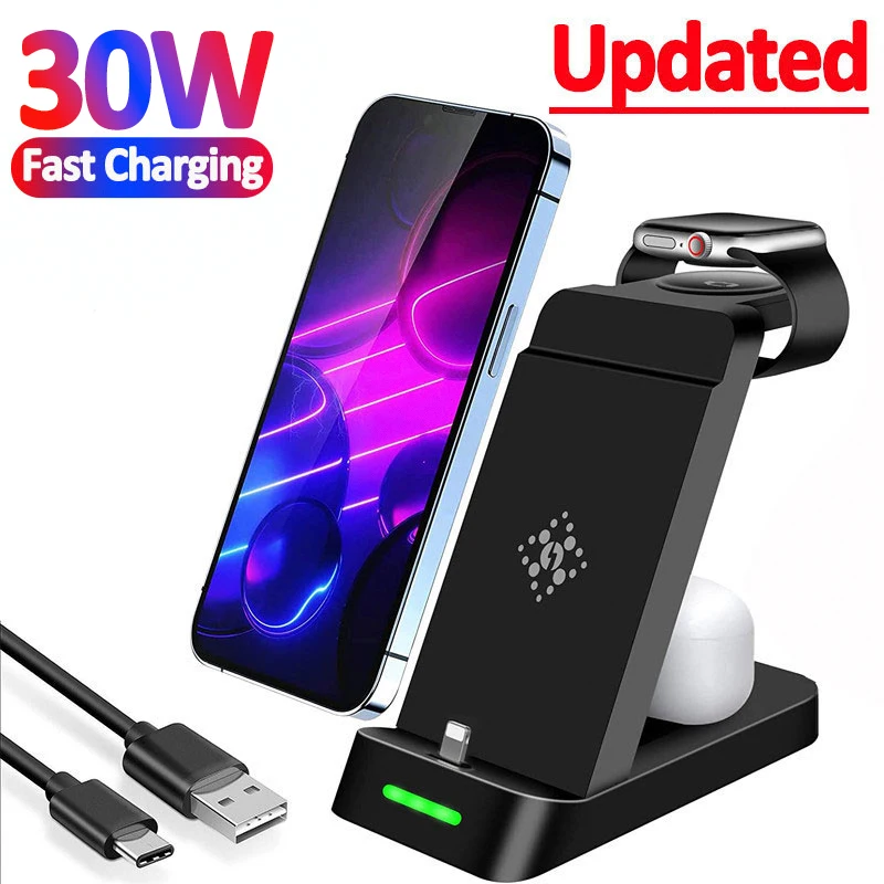 30W 3 in 1 Wireless Charger Stand For iPhone 14 13 12 X Samsung S22 S21 Apple Watch  Airpods iWatch Fast Charging Dock Station