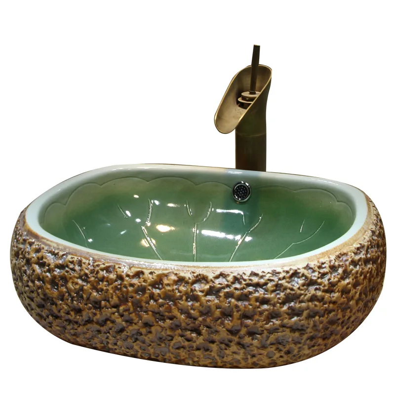 

Chinese retro ceramic table basin American art basin with overflow hole Household balcony wash basin