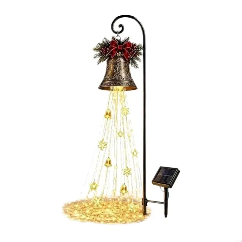 Warm Golden LED Christmas Display with Star and Snowflake Solar Charging, and Stake Supports for Outdoor Winter M4YD