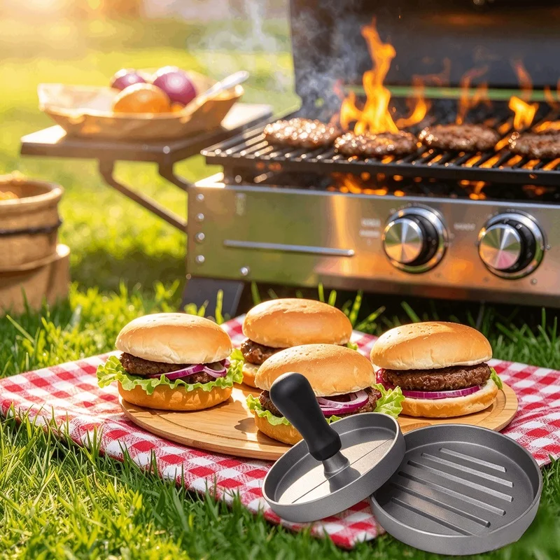 Non Stick Aluminum Burger Press, Hamburger Patty Making Tool Easy to Clean for Kitchen Cooking Backyard BBQ Camping