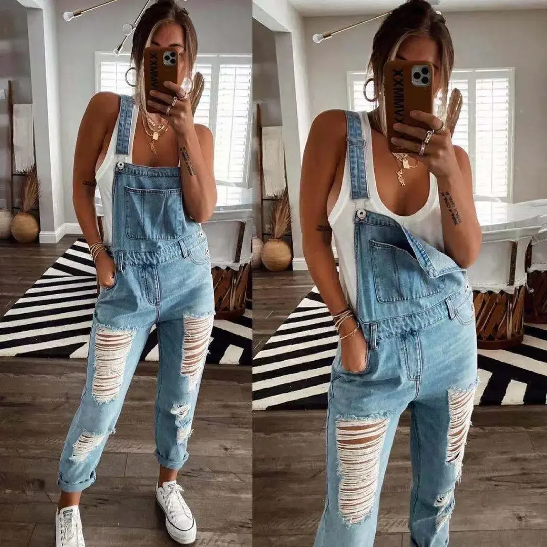 

2024 Women's Ripped Denim Jumpsuit Fashion Slouchy Loose Pocket Slim Solid Color Blue Strap Jeans Trousers Work Clothes