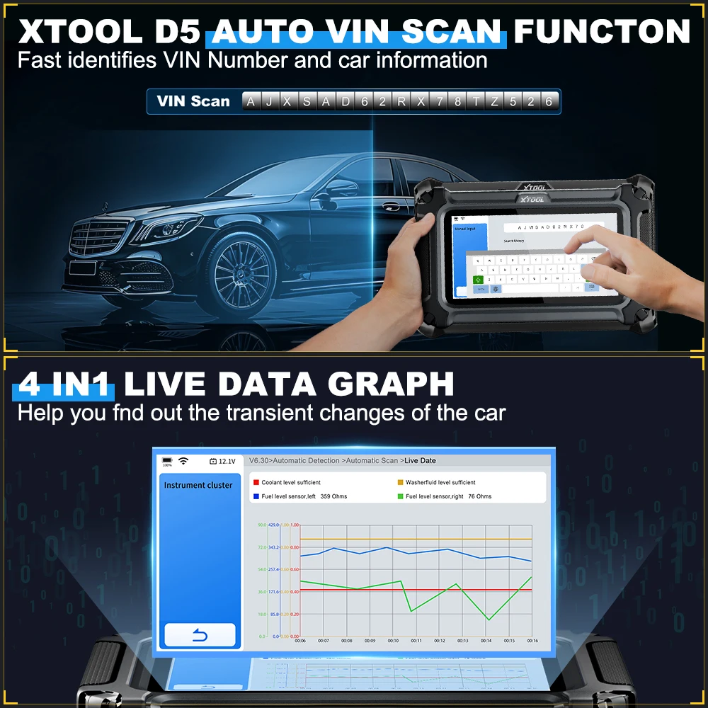 XTOOL D5 OBD2 Scanner ECM/TCM/ABS/SRS/EPB 5 Systems Auto Vin Diagnostic Tool with 9 Reset CAN FD FCA OBD2 Code Reader