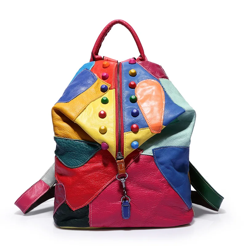

Unisex Genuine Leather Backpack Rainbow Black Patchwork Style Travel Bag for Girls Outdoor