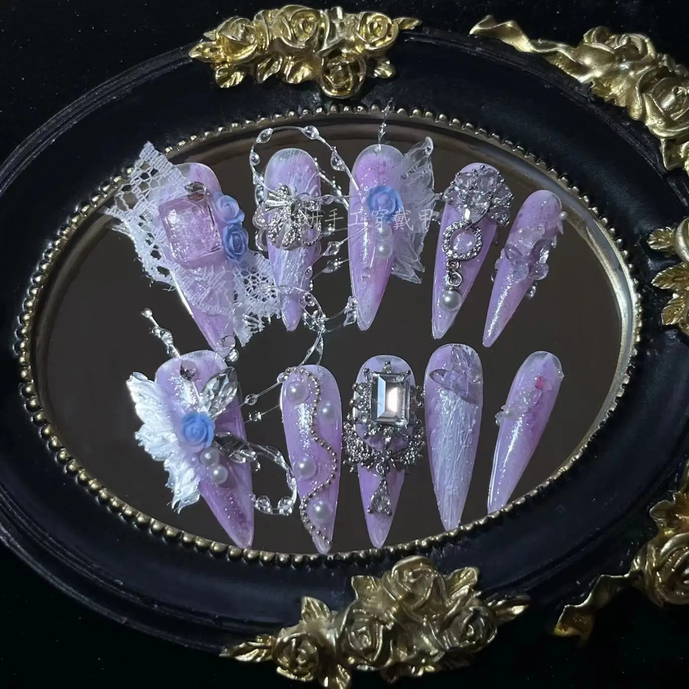 Dreamy Lolita Princess Taro Purple Pearlescent Handmade Press On Nails, Long Stiletto Almond Fake Nails With Tulle Butterfly Lac