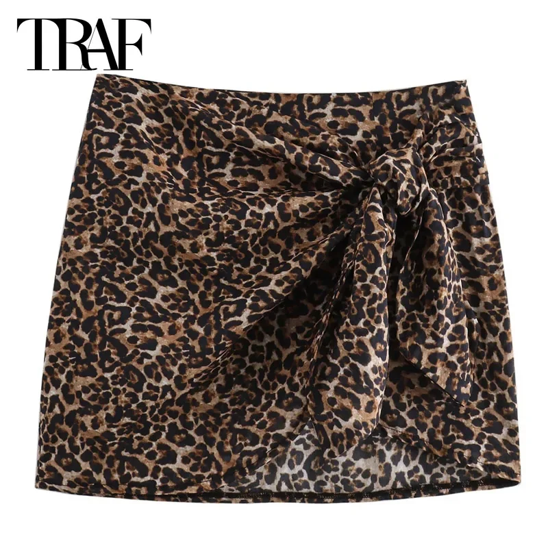 TRAF Leopard Mini Skirt Women Animal Print Pareo Wrap Beach Skirt Summer High Waist Short Skirts Woman Fashion Holiday Skirts