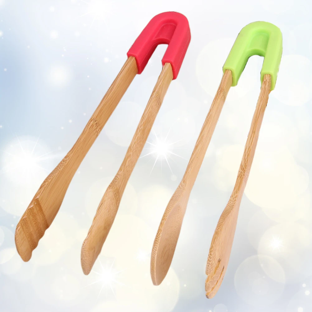 

2pcs Bamboo Food Tongs Detachable Kitchen Utensils For Cooking Toast Salad Bbq Baking Fryer Use Premium Silicone Handle Long