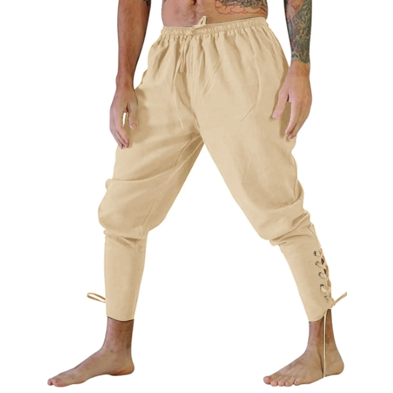 Pantalones de pirata medievales para hombres adultos, traje de Caballero de jinete de lino, Leggings sueltos, pantalones de vendaje de pierna de navegador negro vikingo