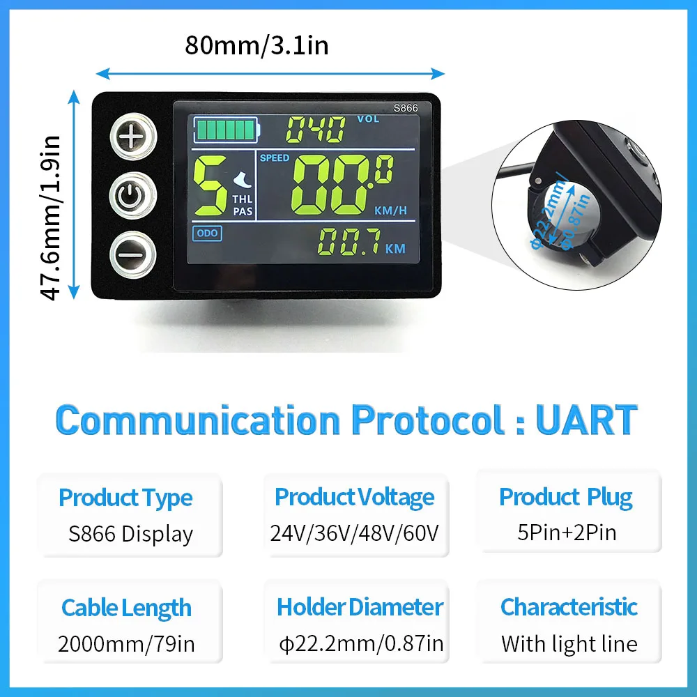 학습 기능이 있는 Ebike 24v-52v 17A-60A 사인파 컨트롤러, 세 번째 모의고사, S866 컬러 LCD 디스플레이 썸네일 4