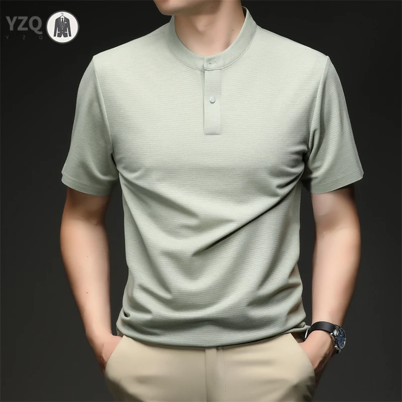 Mens Mandarin Collar Short Sleeve Polo Shirt Casual Button Neck Tops Breathable Waffle Knit Tees For Men Summer Daily Streetwear