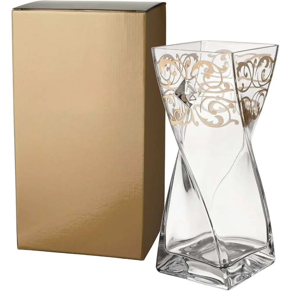 Large luxury glass vase - adorned with Swarovski crystals and gold decorative patterns, transparent mouth blown glass